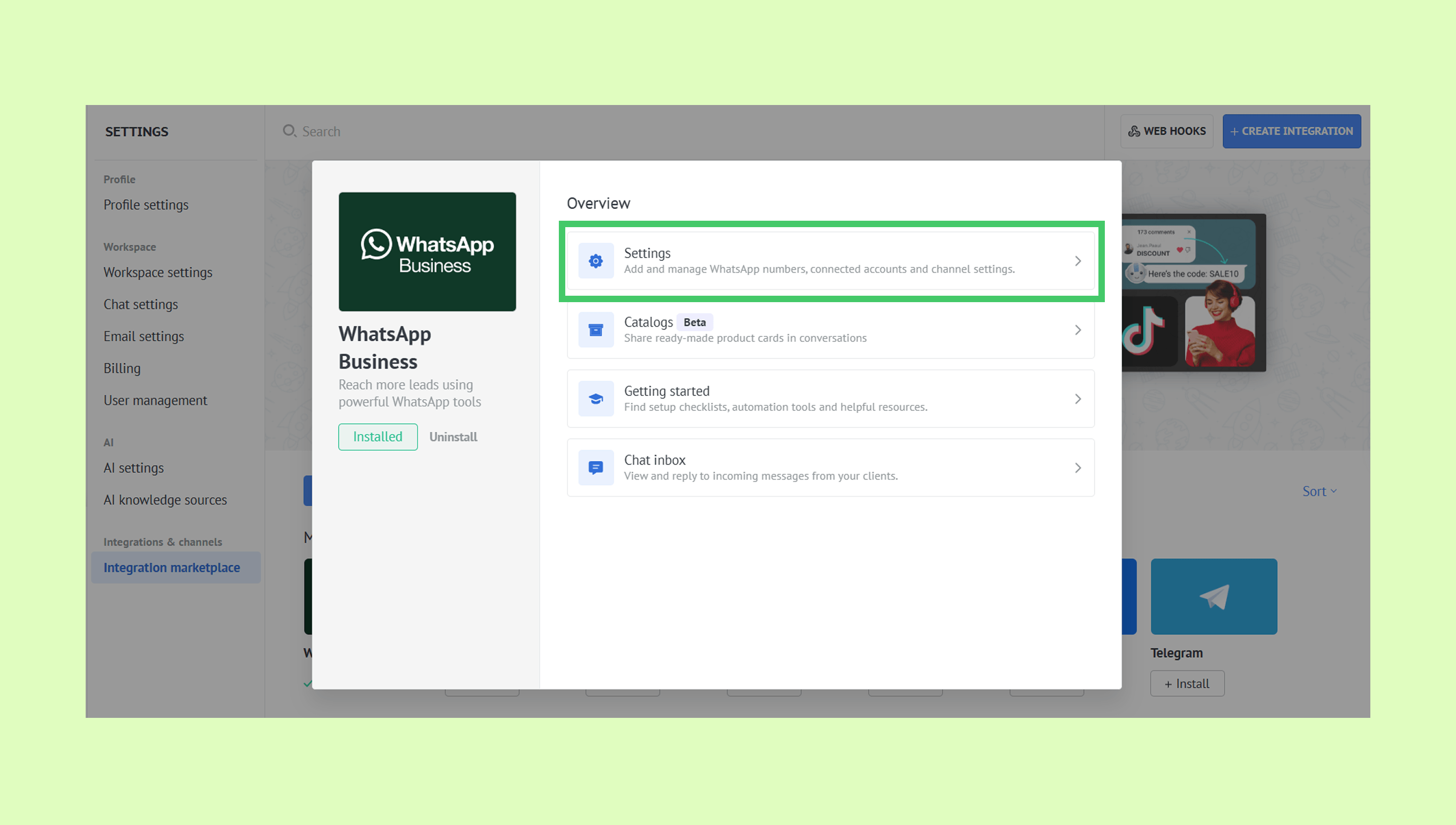 Overview of WhatsApp Business settings with highlighted options for managing accounts.